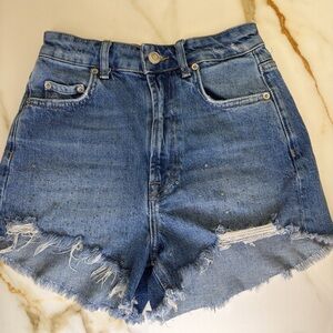 ZARA Blue Frayed Jean Shorts with the rhinestones